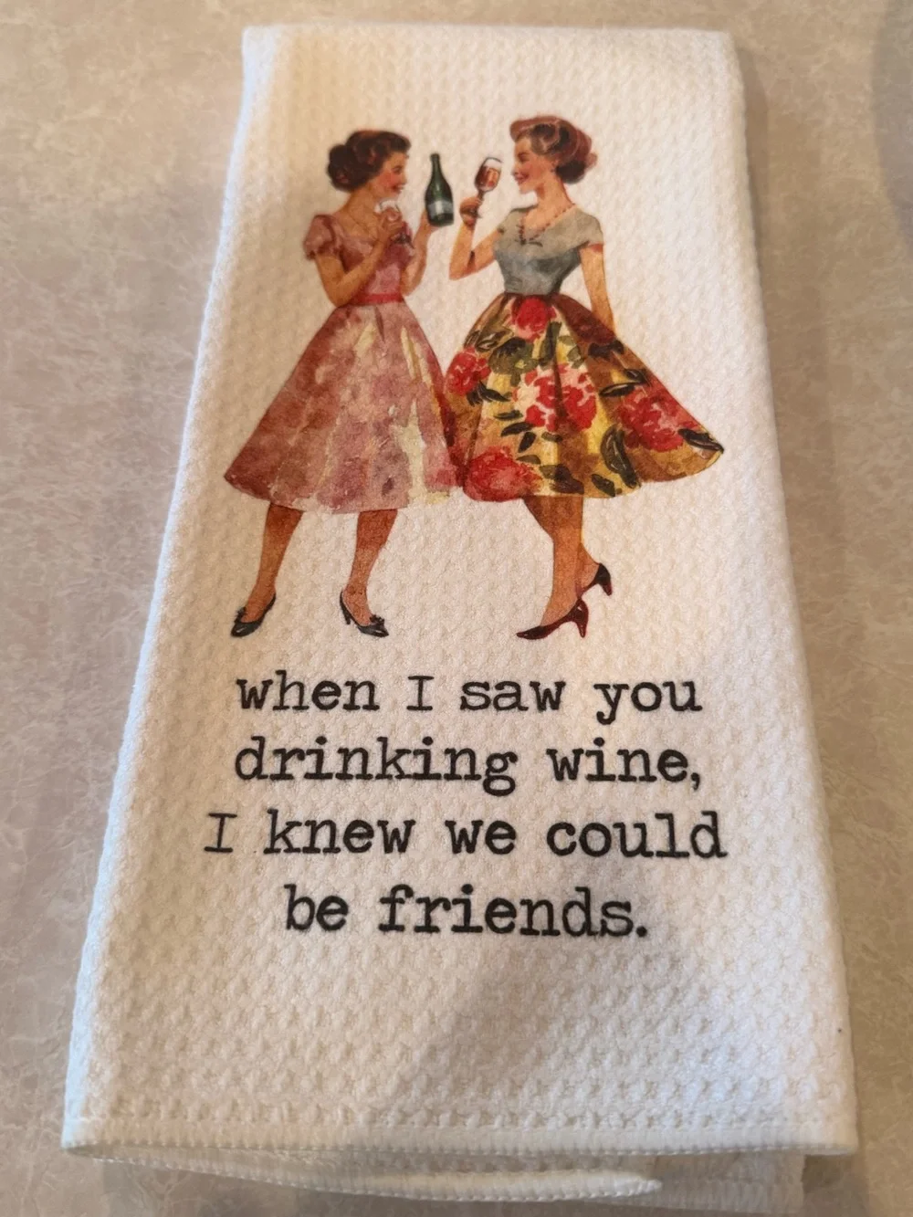 Vintage Style waffle weave Friends Kitchen Towel - White